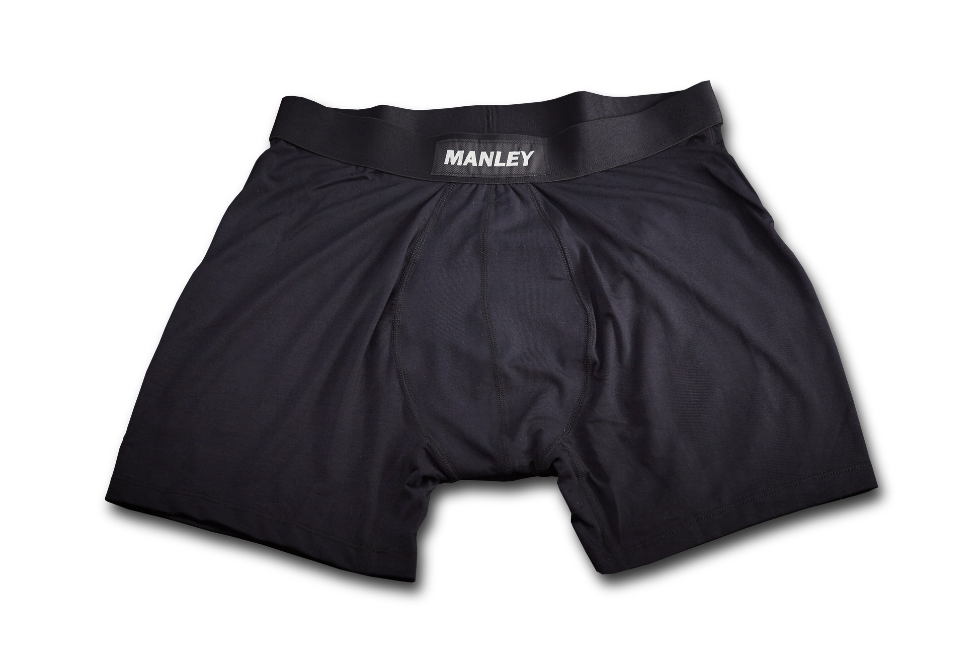 Black boxer briefs with Manley Barrier Technology that stops the pee spot. Feel manly in Manley with our Presenting Pouch.