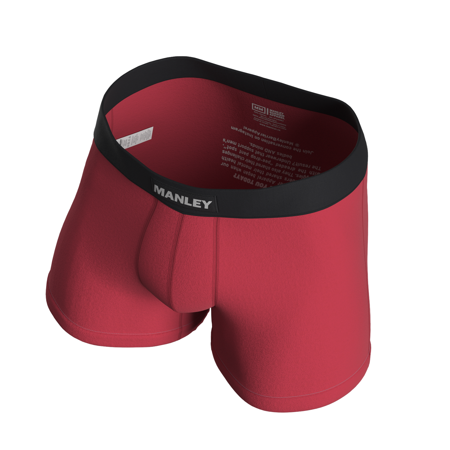 Well Red boxer briefs. Manley Barrier Technology that stops the pee spot. Feel manly in Manley. Stop the Pee Spot.