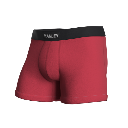 Well Red boxer briefs. Manley Barrier Technology that stops the pee spot. Feel manly in Manley. Stop the Pee Spot. 