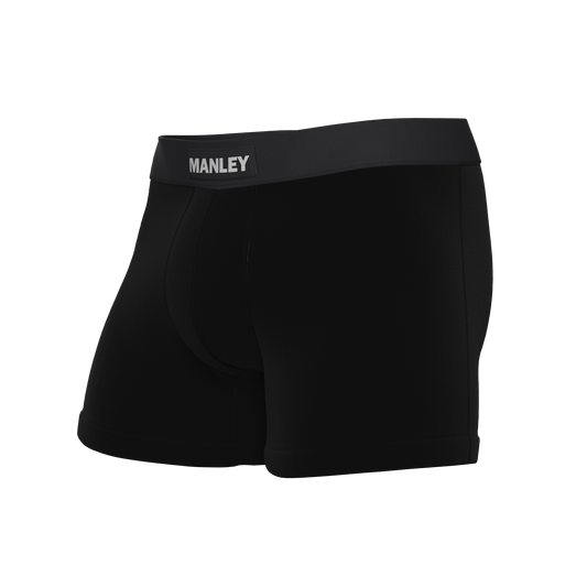 Black to Basics boxer briefs with Manley Barrier Technology that stops the pee spot. Feel manly in Manley.