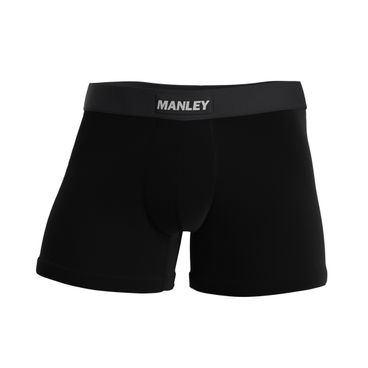 Black to basics boxer briefs with Manley Barrier Technology that stops the pee spot. Feel manly in Manley with our Presenting Pouch.