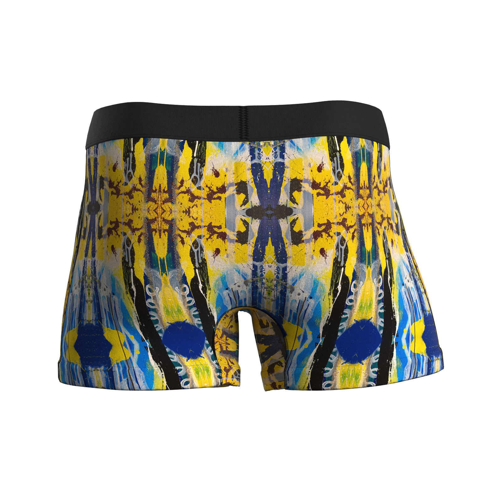 Manley Hello! Yellow boxer briefs, designed by artist Anthony Ricciardi, abstract design in blue, yellow, black, and white. Manley Barrier Technology that stops the pee spot. Feel manly in Manley.Stop the Pee Spot.  