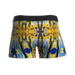 Manley Hello! Yellow boxer briefs, designed by artist Anthony Ricciardi, abstract design in blue, yellow, black, and white. Manley Barrier Technology that stops the pee spot. Feel manly in Manley.Stop the Pee Spot.  