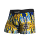 Manley Hello! Yellow boxer briefs, designed by artist Anthony Ricciardi, abstract design in blue, yellow, black, and white. Manley Barrier Technology that stops the pee spot. Feel manly in Manley.Stop the Pee Spot. 