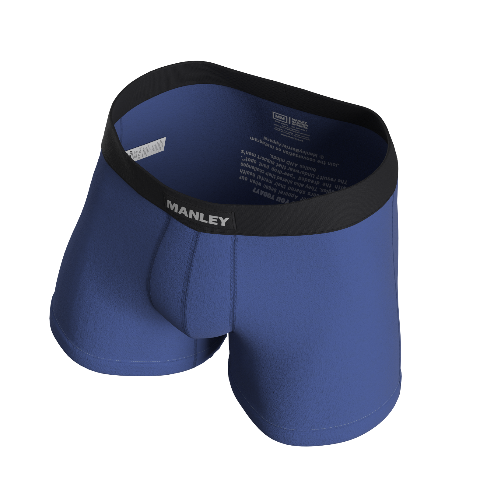 In The Navy boxer briefs. Manley Barrier Technology that stops the pee spot. Feel manly in Manley. Stop the Pee Spot.  