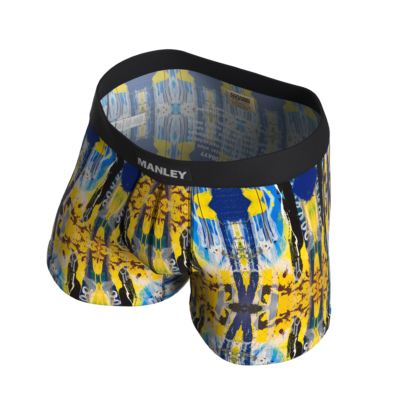 Manley Hello! Yellow boxer briefs, designed by artist Anthony Ricciardi, abstract design in blue, yellow, black, and white. Manley Barrier Technology that stops the pee spot. Feel manly in Manley.Stop the Pee Spot.  