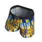 Manley Hello! Yellow boxer briefs, designed by artist Anthony Ricciardi, abstract design in blue, yellow, black, and white. Manley Barrier Technology that stops the pee spot. Feel manly in Manley.Stop the Pee Spot.  
